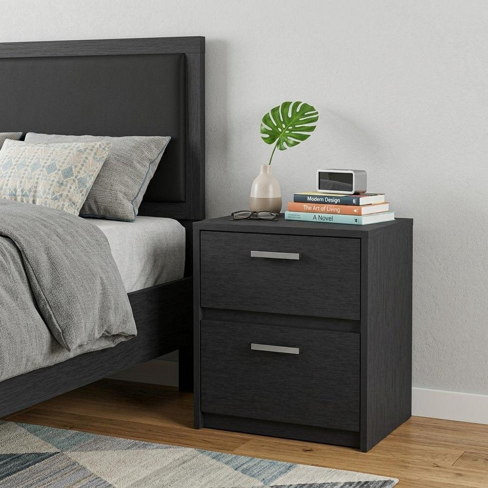 Black Wood Two Drawer Nightstand - 19-inch