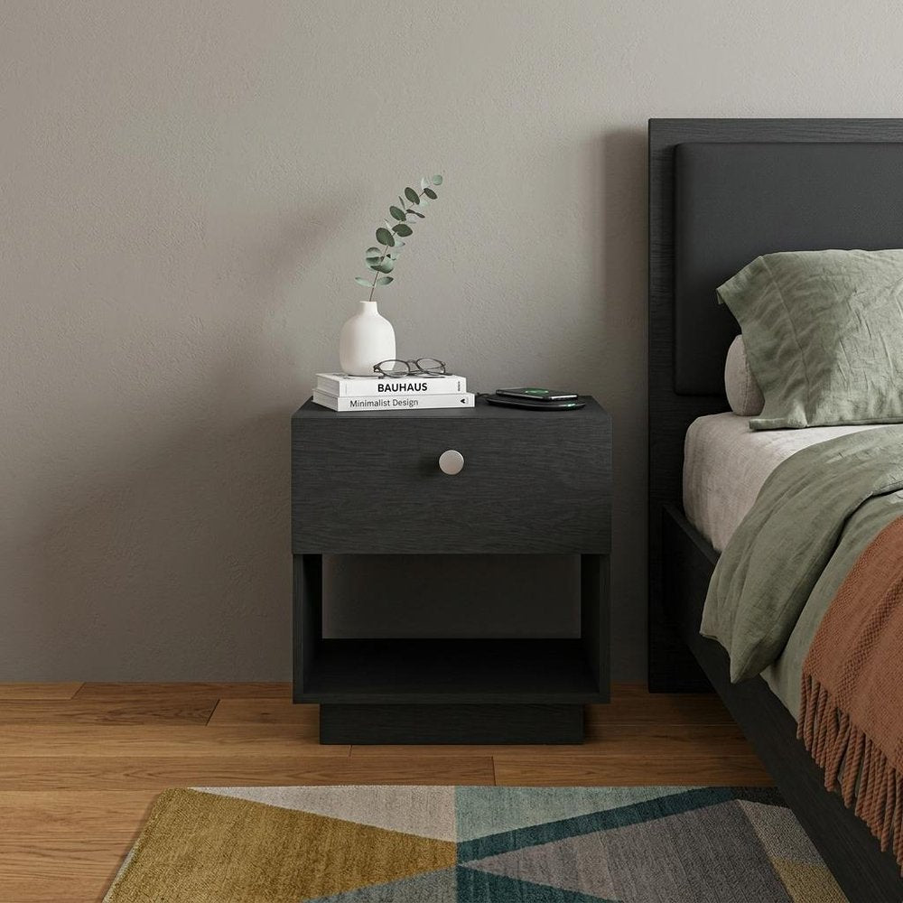 Black Wood One Drawer Nightstand - 20-inch