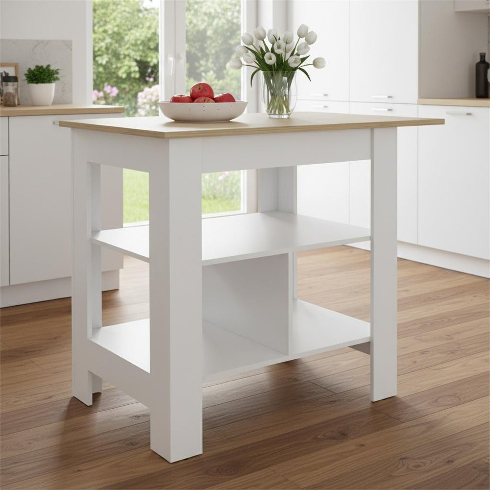 Natural and White Wood Kitchen Island with Storage - 35-inch