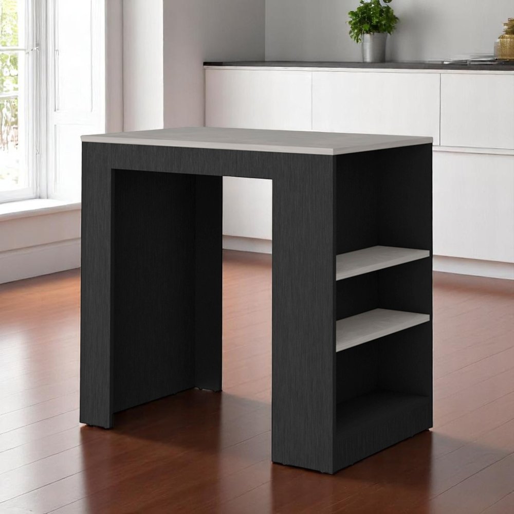 Gray and Black Faux Marble and Wood Kitchen Island with Storage - 36-inch