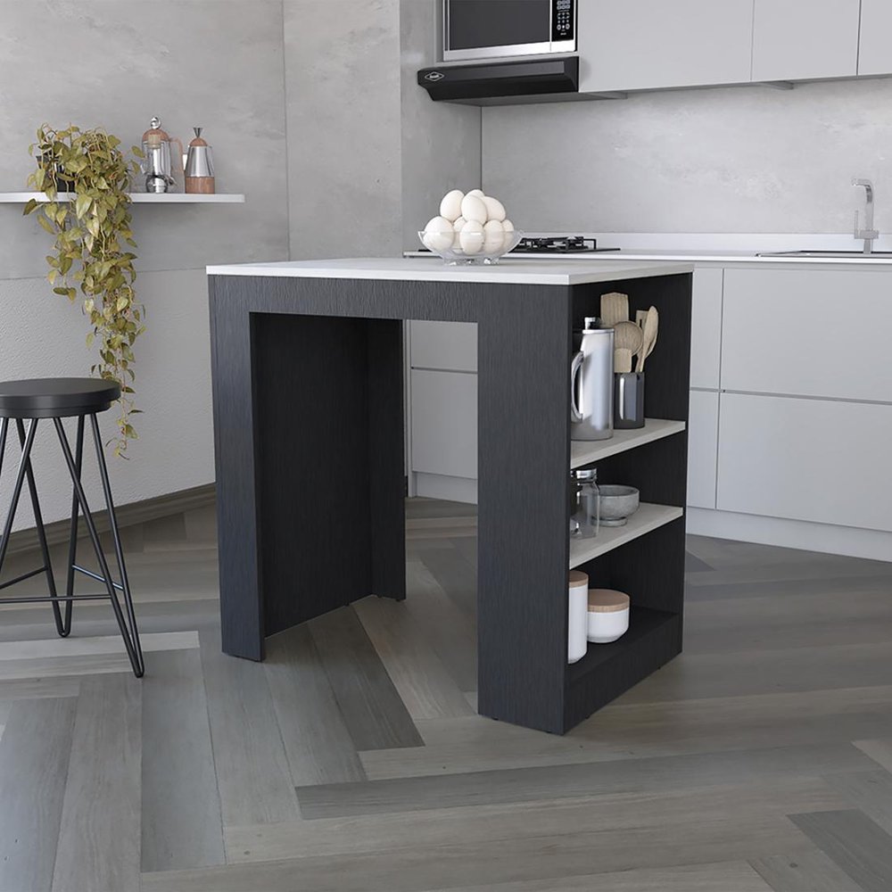 Gray and Black Faux Marble and Wood Kitchen Island with Storage - 36-inch