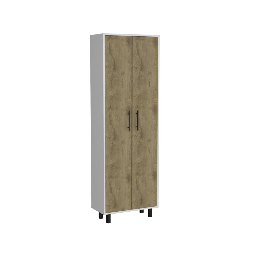 Set of Two Oak and White Wood Kitchen Island and Pantry Cabinet