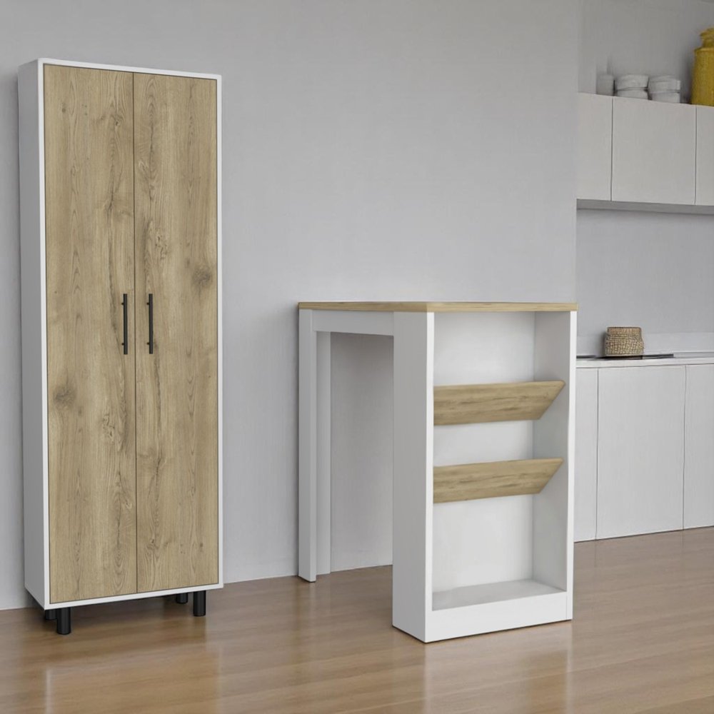 Set of Two Oak and White Wood Kitchen Island and Pantry Cabinet