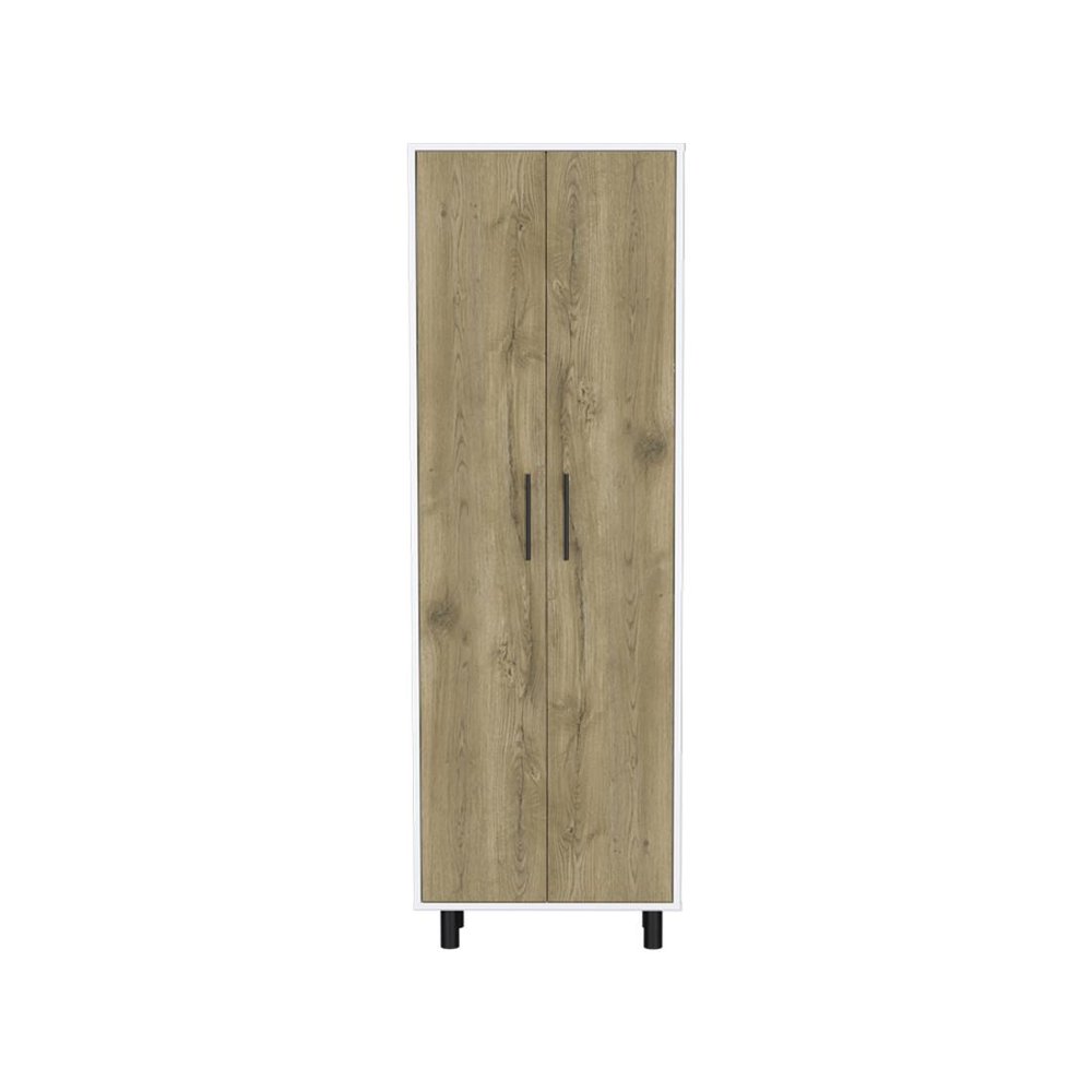 Set of Two Oak and White Wood Kitchen Island and Pantry Cabinet
