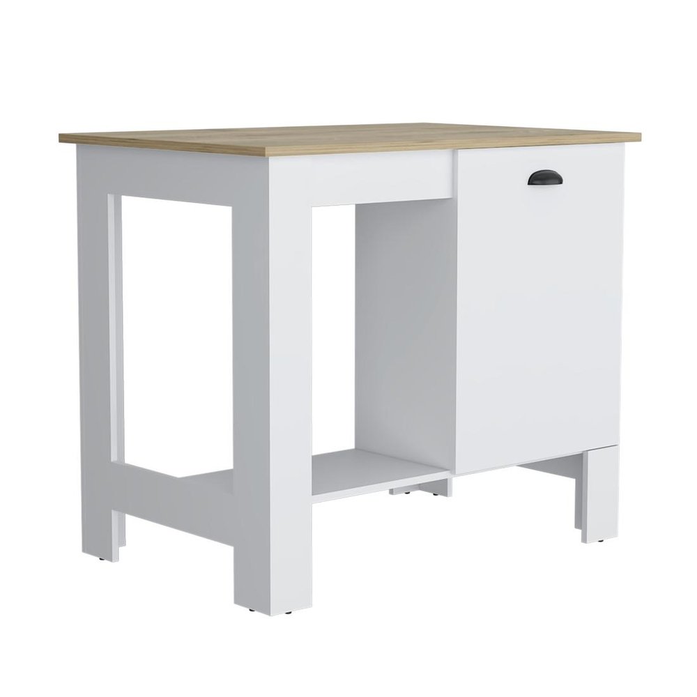 Set of Two Oak and White Wood Kitchen Island and Pantry Cabinet