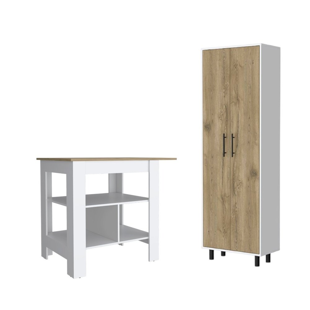 Natural and White Wood Kitchen Island Set with Storage - 41-inch