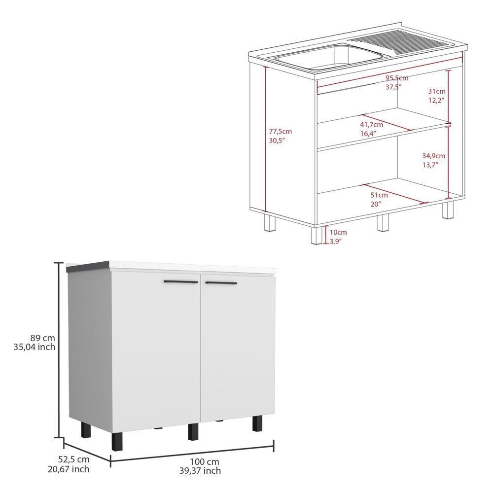 White Stainless Steel and Wood Utility Cabinet with Sink - 24 X 39-inch
