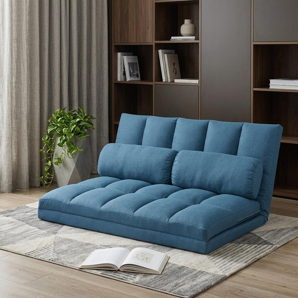Blue Futon Convertible Sleeper Loveseat and Toss Pillows - 45-inch