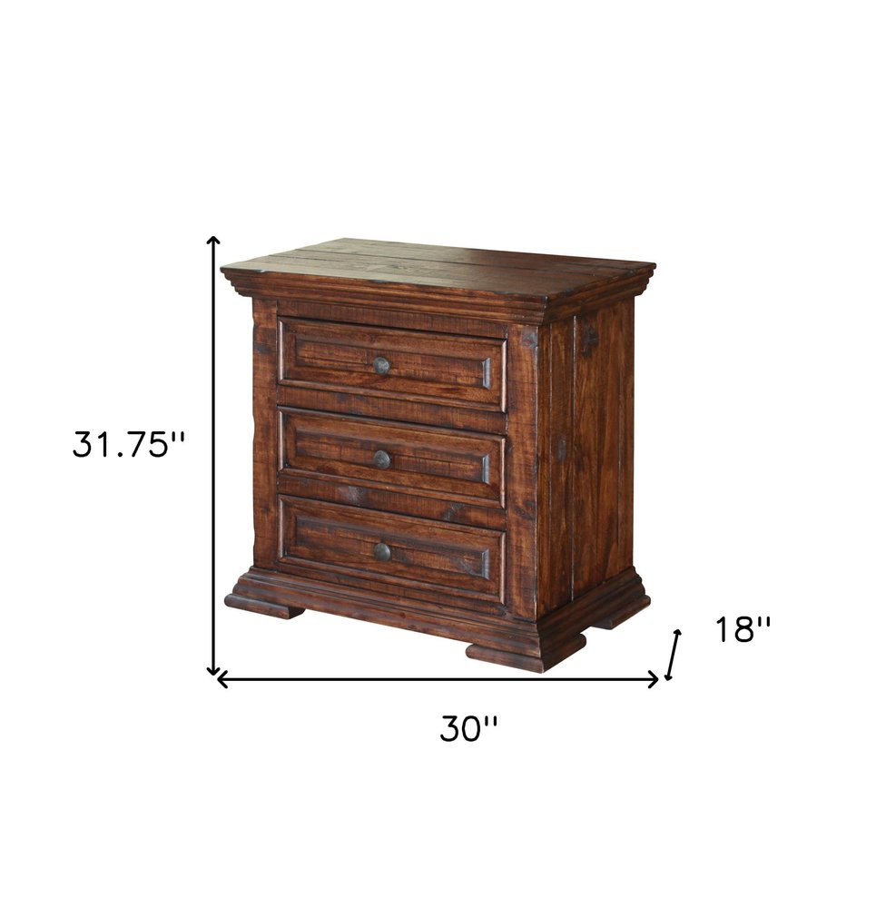 Brown Solid Wood Three Drawer Nightstand - 32-inch
