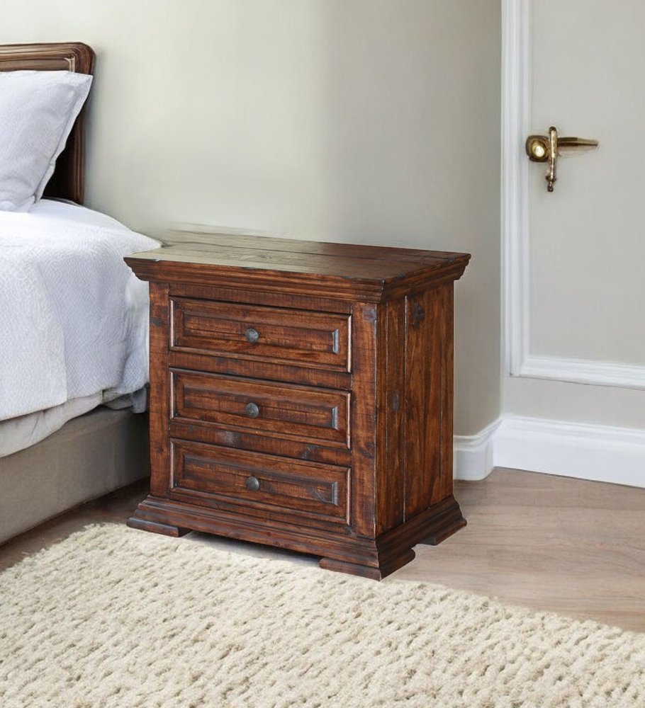 Brown Solid Wood Three Drawer Nightstand - 32-inch