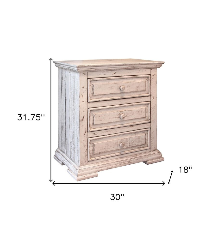 White Solid Wood Three Drawer Nightstand - 32-inch