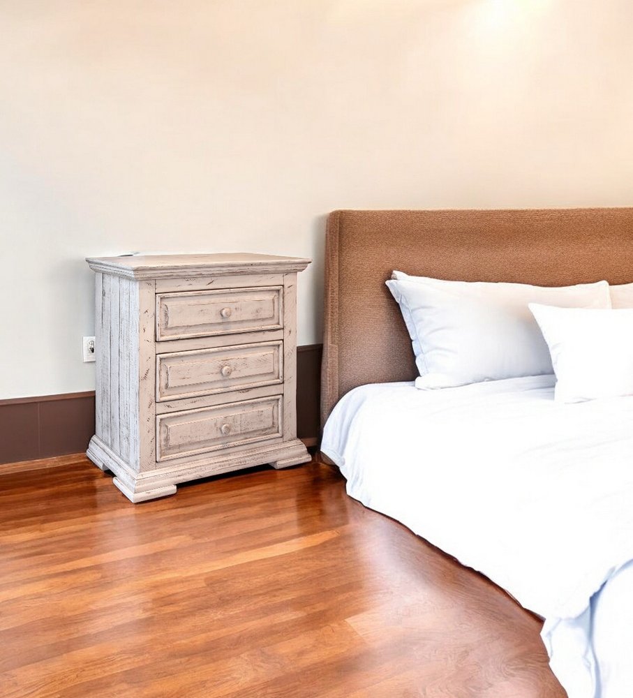 White Solid Wood Three Drawer Nightstand - 32-inch