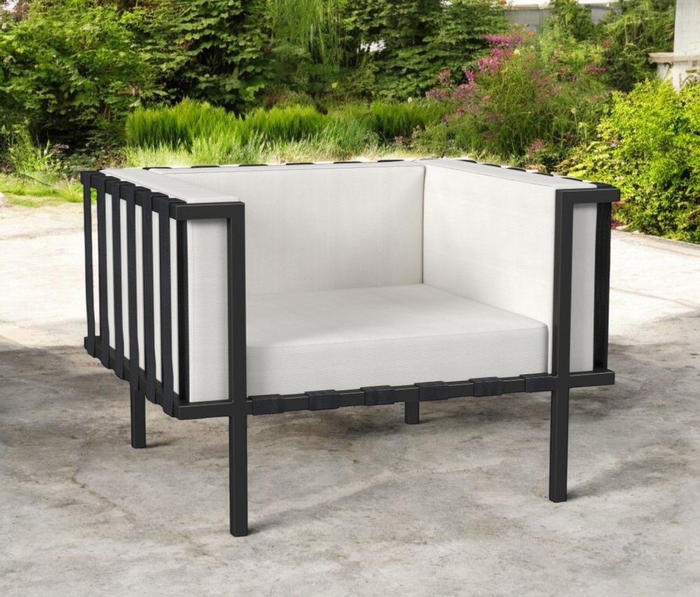Black Metal Outdoor Arm Chair with Off White Cushion - 33-inch