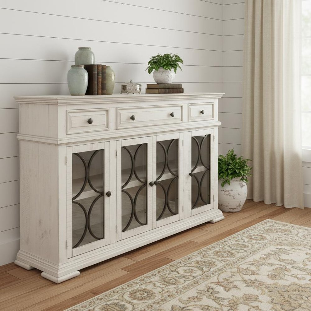 Ivory Solid and Manufactured Wood Distressed Credenza - 74-inch