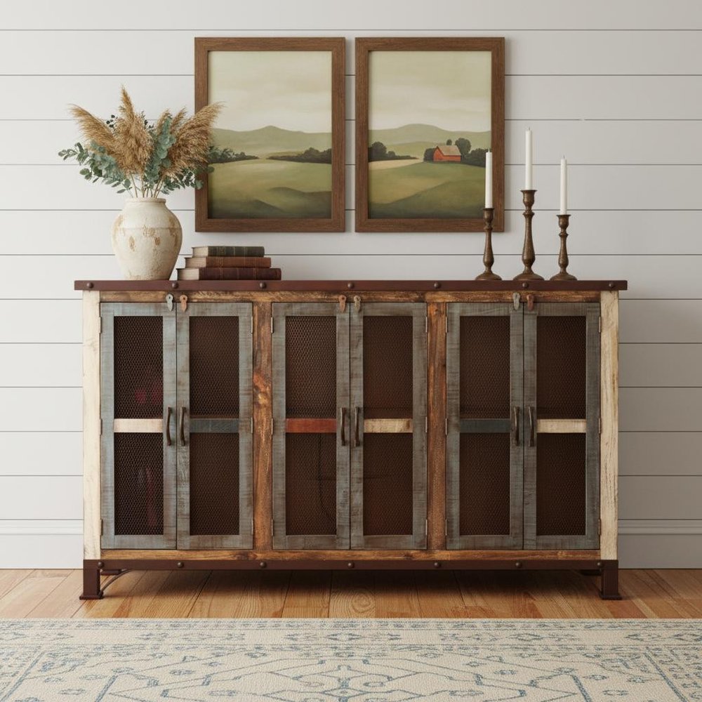 Brown Solid and Manufactured Wood Distressed Credenza - 71-inch