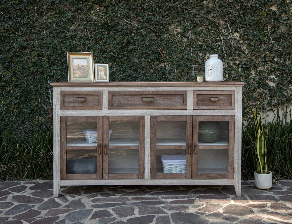 Brown Solid and Manufactured Wood Distressed Credenza - 67-inch