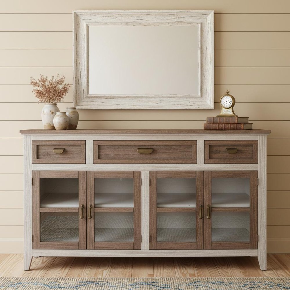 Brown Solid and Manufactured Wood Distressed Credenza - 67-inch