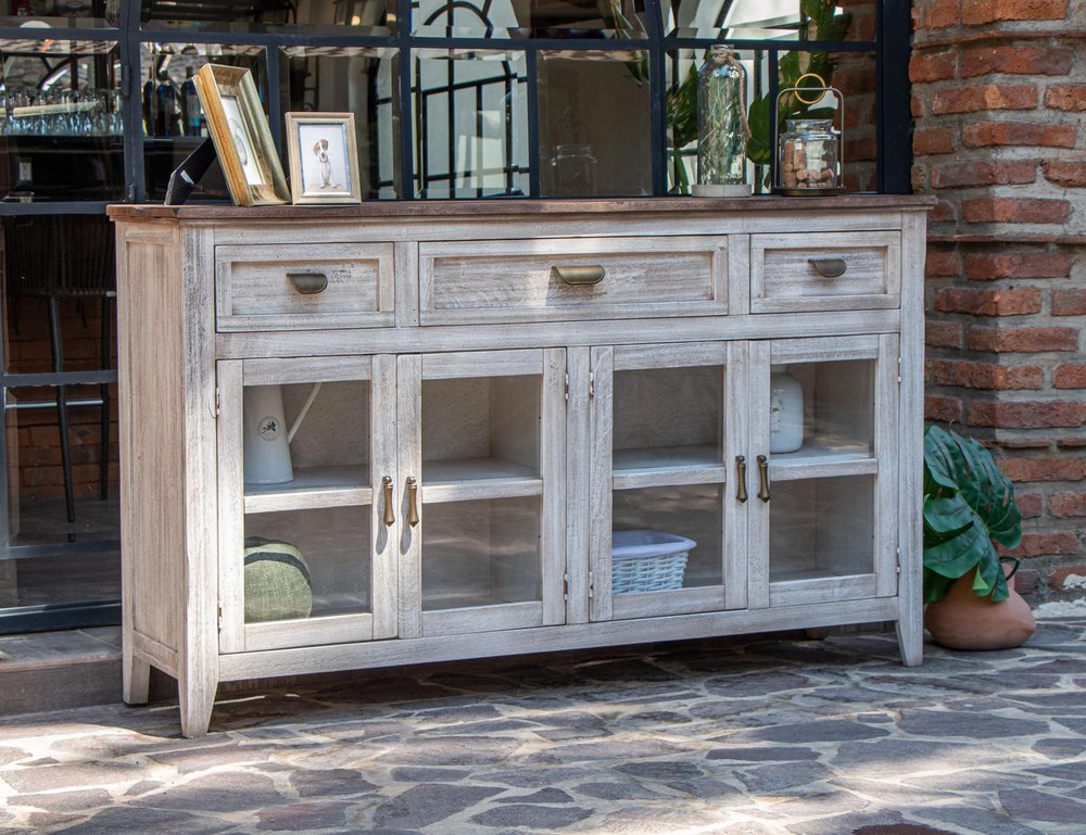 White Solid and Manufactured Wood Distressed Credenza - 67-inch
