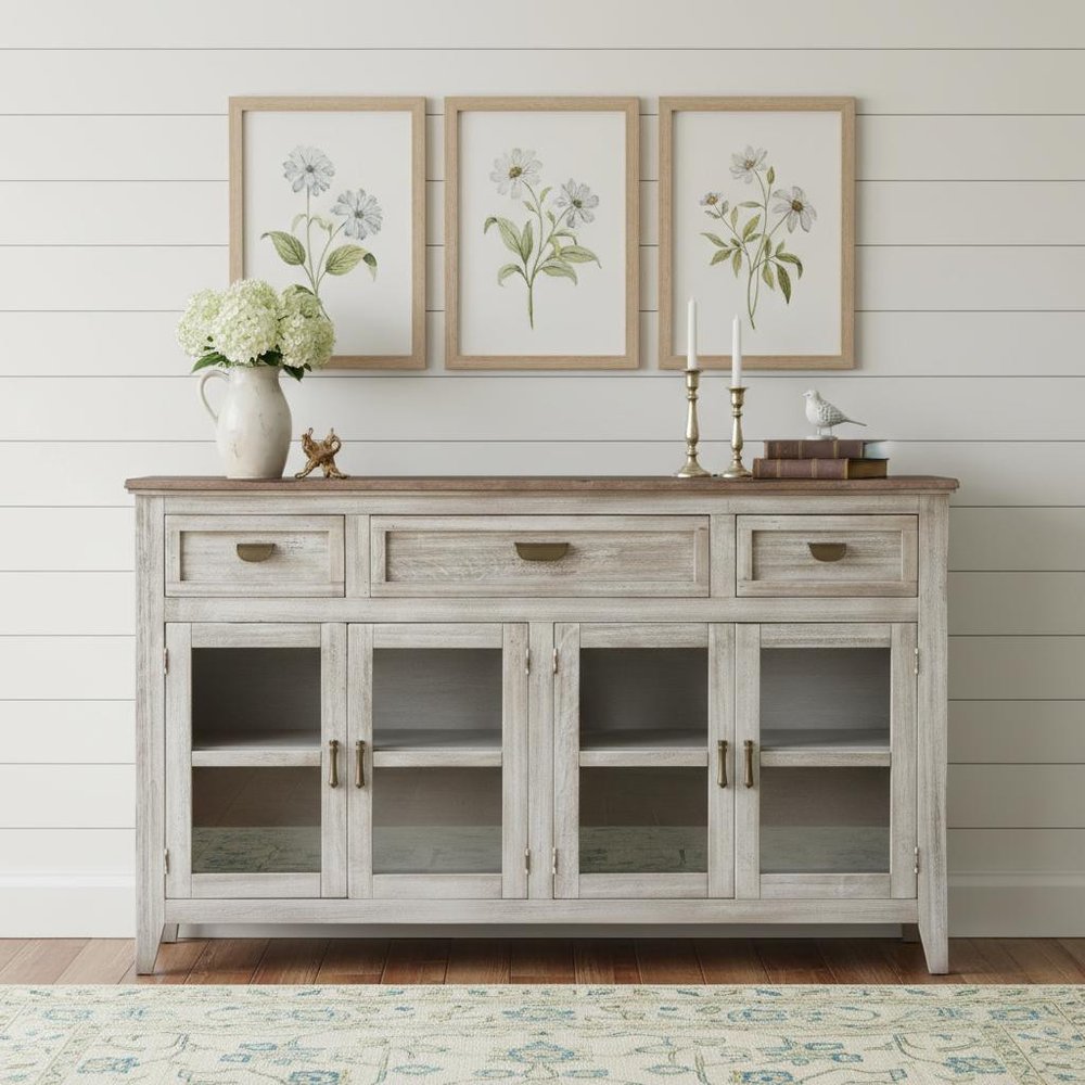 White Solid and Manufactured Wood Distressed Credenza - 67-inch