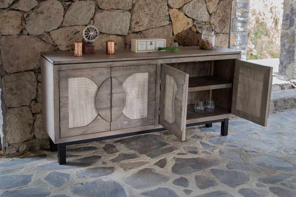 Gray Solid and Manufactured Wood Distressed Credenza - 69-inch