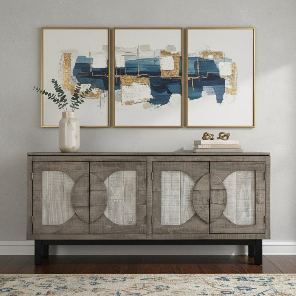 Gray Solid and Manufactured Wood Distressed Credenza - 69-inch
