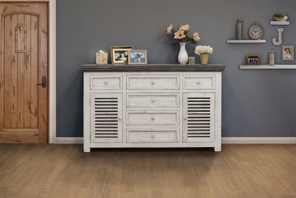 Antiqued White Solid and Manufactured Wood Distressed Buffet Table - 70-inch