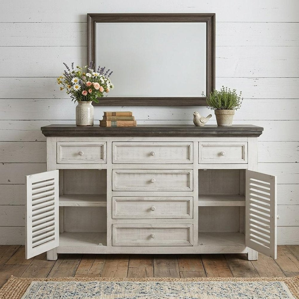 Antiqued White Solid and Manufactured Wood Distressed Buffet Table - 70-inch