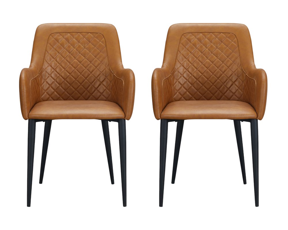 Set of Two Tan and Black Tufted Faux Leather Dining Arm Chairs