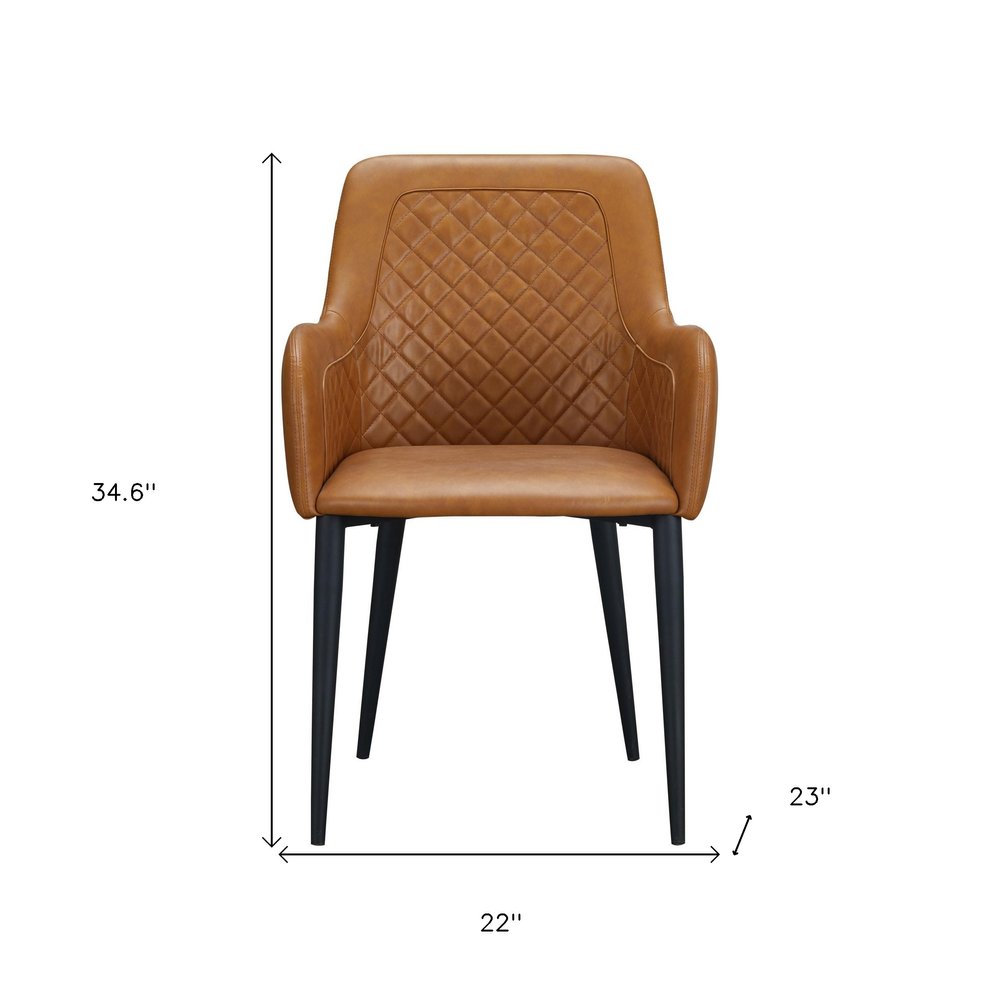 Set of Two Tan and Black Tufted Faux Leather Dining Arm Chairs