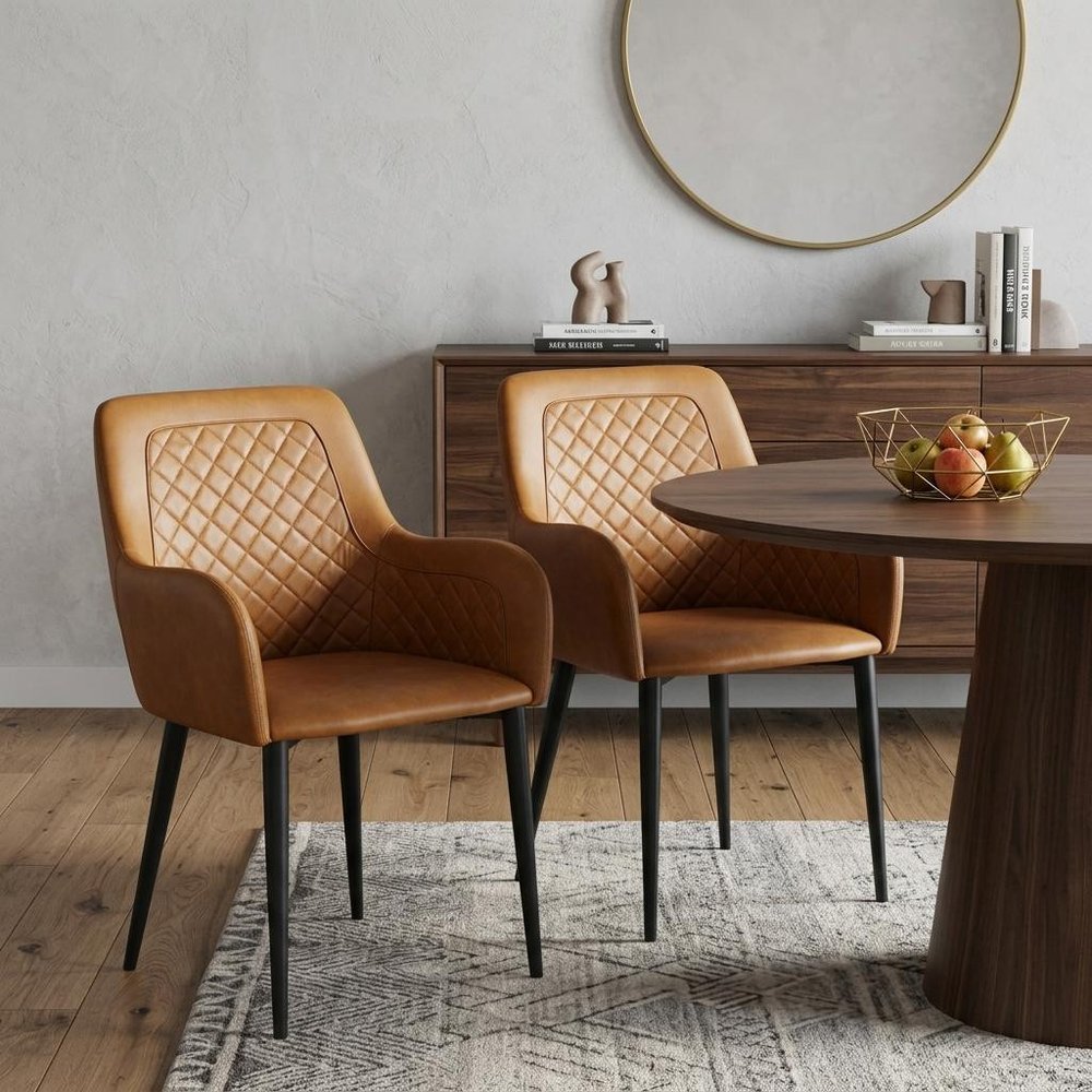 Set of Two Tan and Black Tufted Faux Leather Dining Arm Chairs