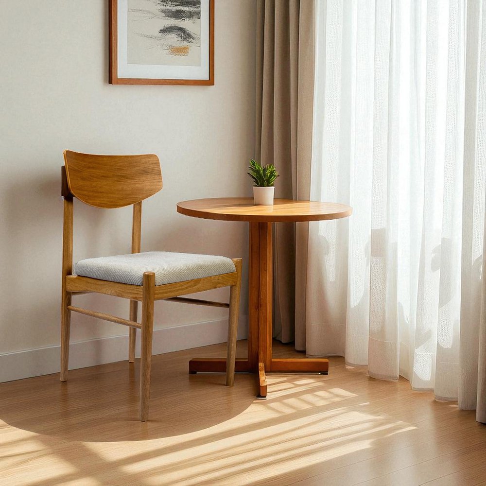 Off White and Natural Fabric Open Back Dining Side Chair