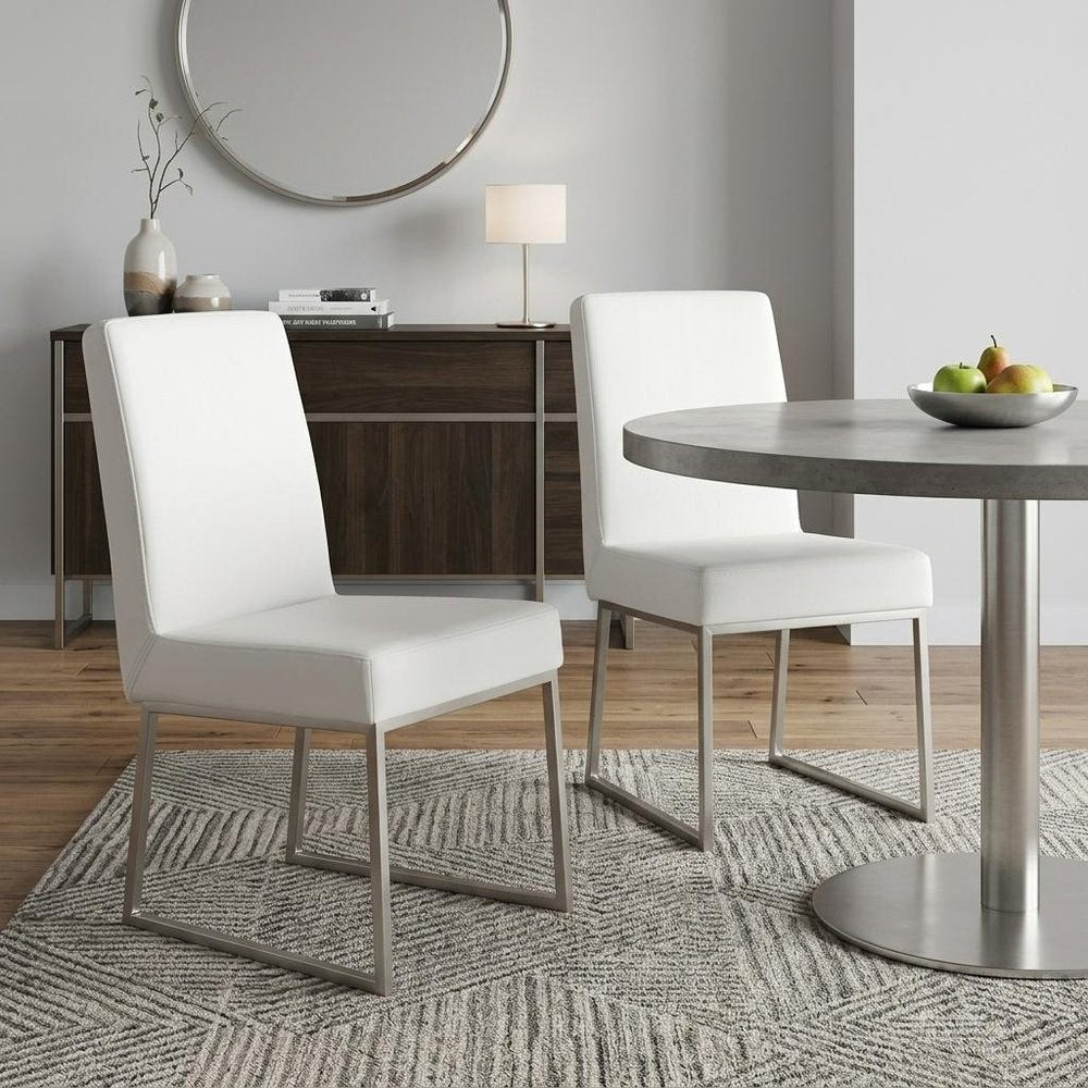 Set of Two White and Silver Faux Leather Dining Side Chairs