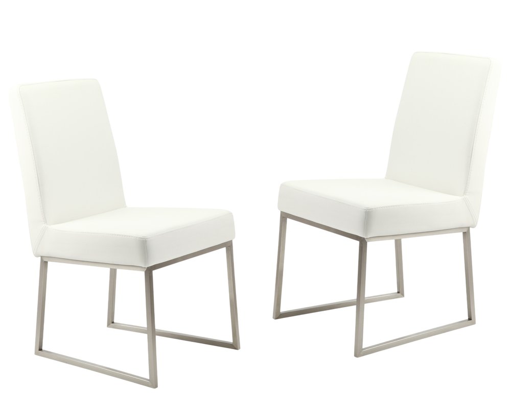 Set of Two White and Silver Faux Leather Dining Side Chairs