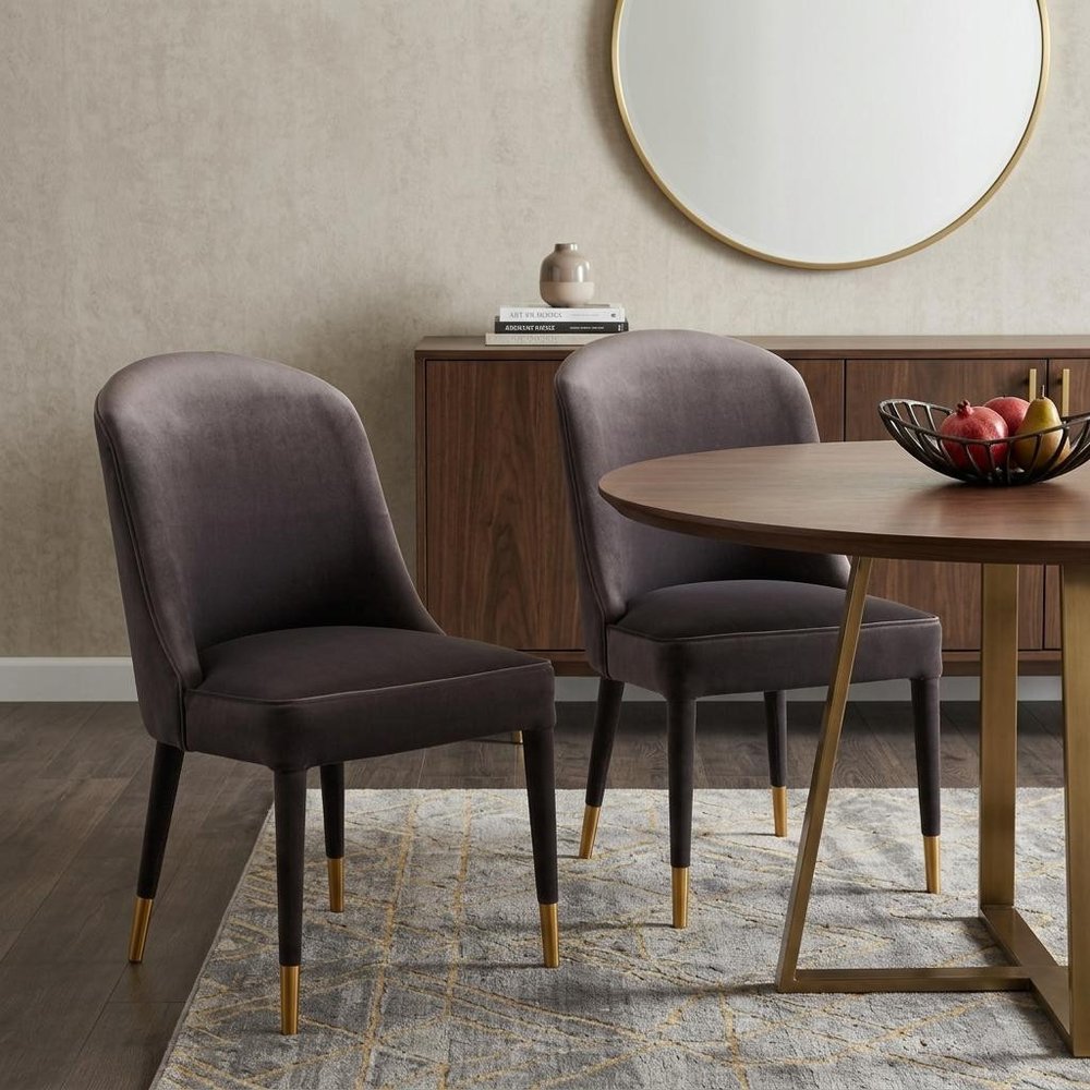 Set of Two Gray Black and Gold Velvet Dining Side Chairs