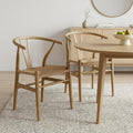 Set of Two Natural Solid Wood Wishbone Back Dining Arm Chairs