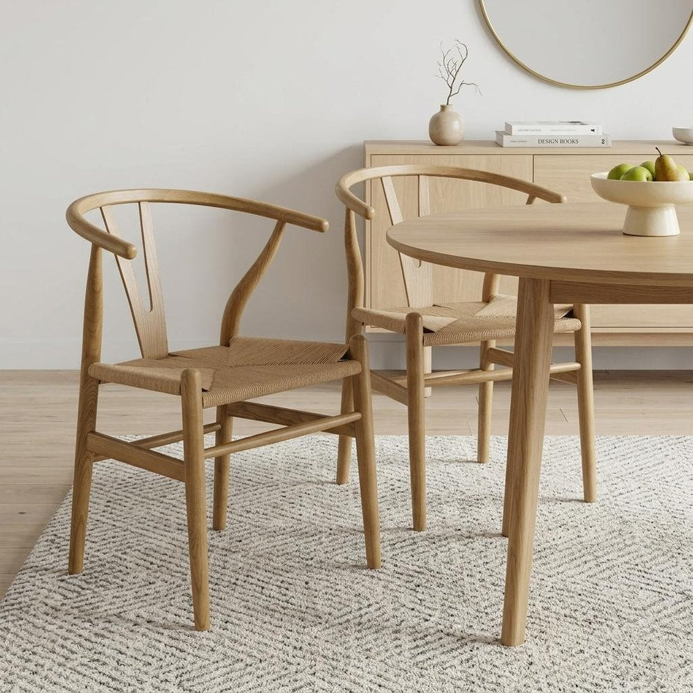 Set of Two Natural Solid Wood Wishbone Back Dining Arm Chairs