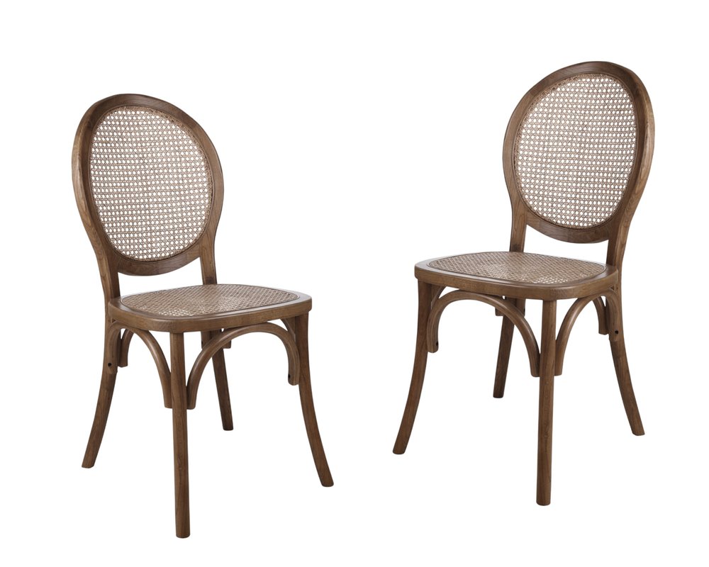 Set of Two Brown Solid Wood and Rattan King Louis Back Dining Arm Chairs