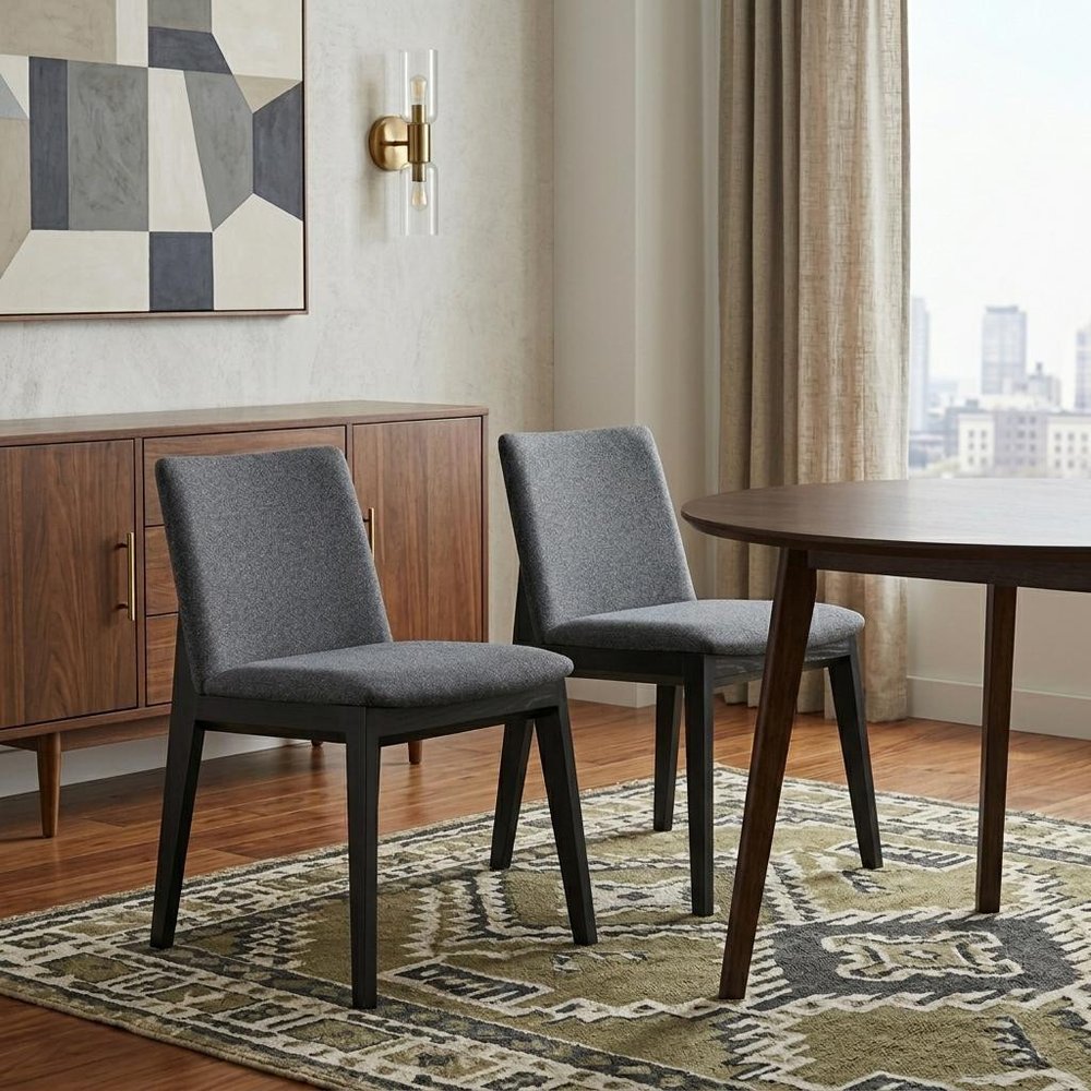 Set of Two Charcoal and Black Fabric Dining Side Chairs