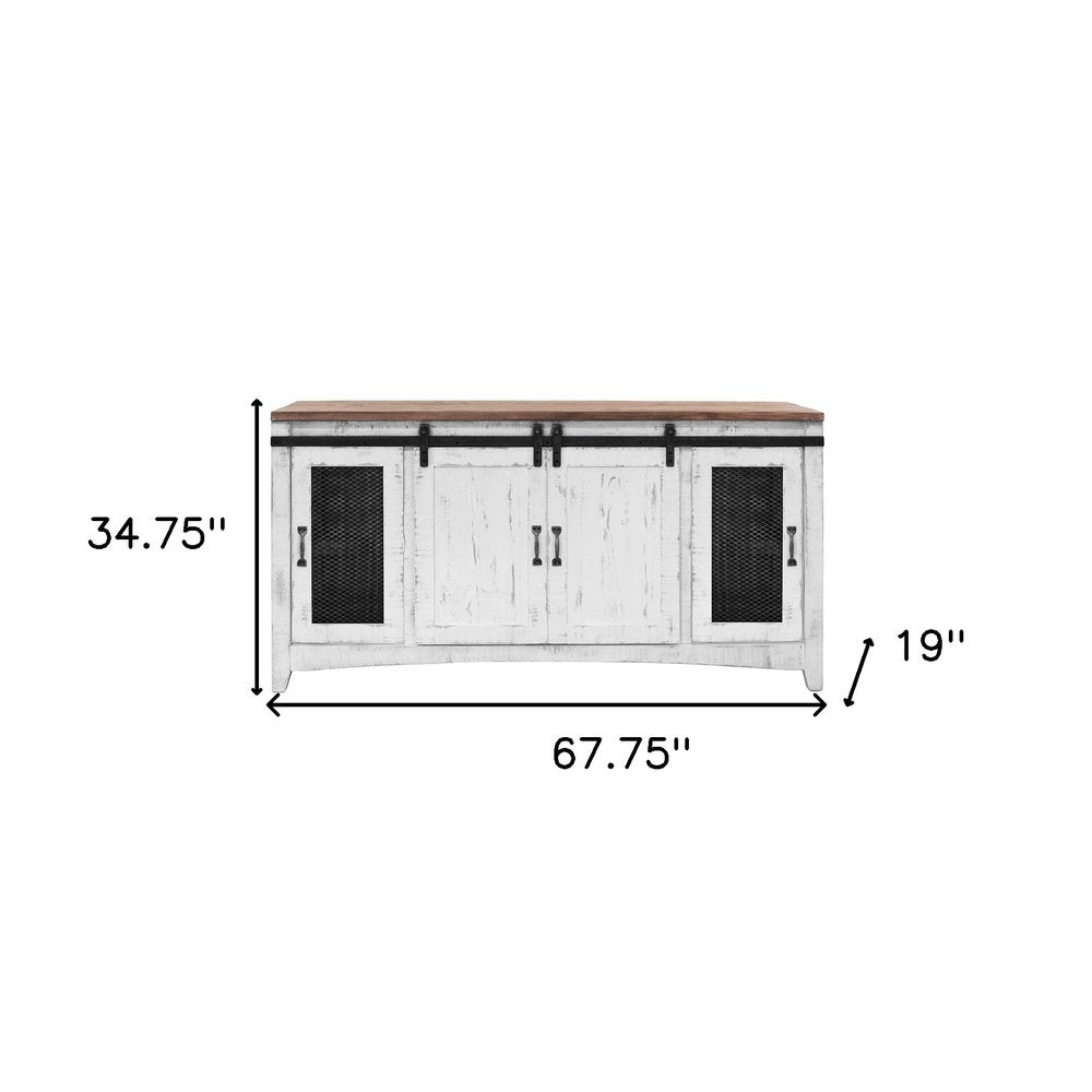 White Solid Wood Cabinet Enclosed Storage Distressed TV Stand