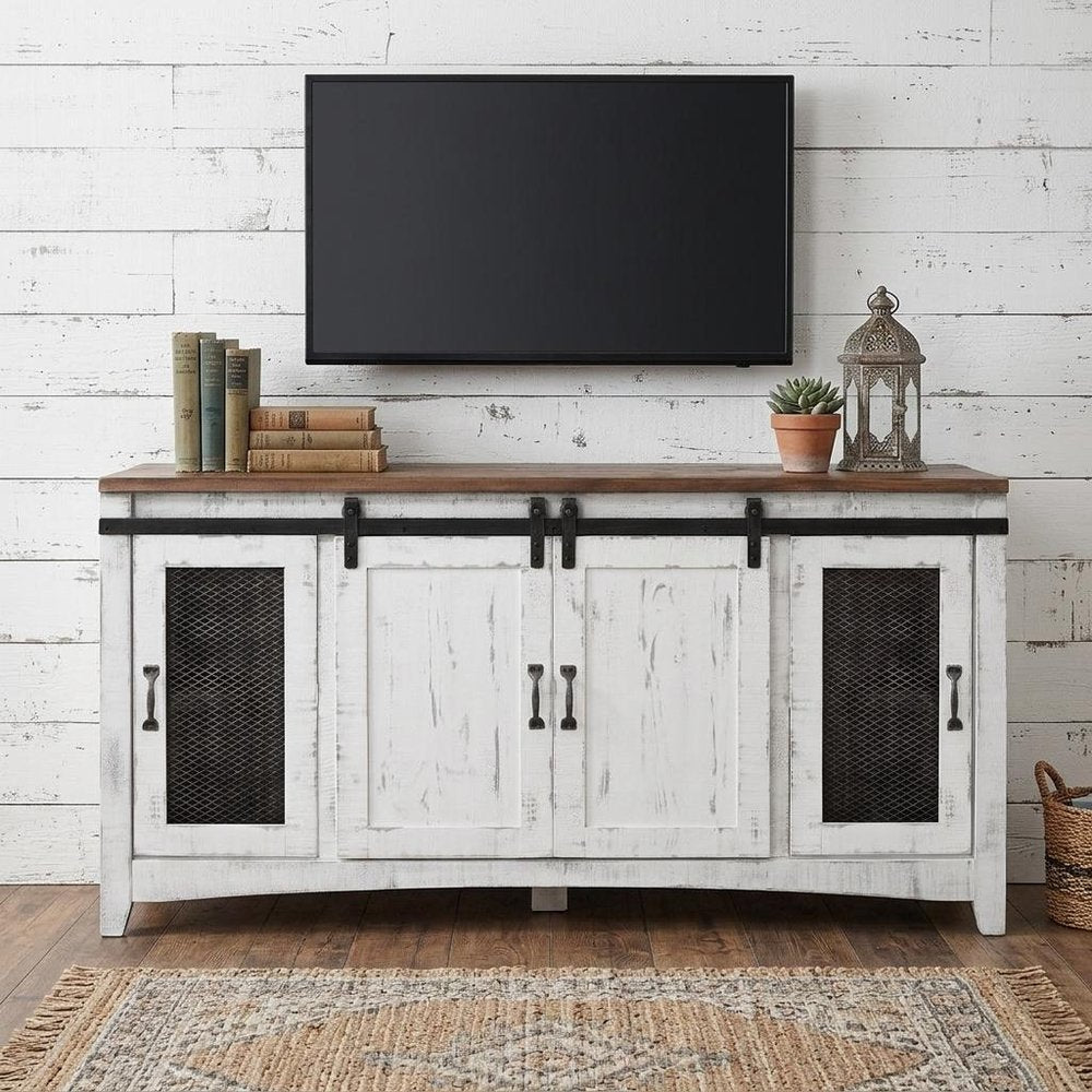 White Solid Wood Cabinet Enclosed Storage Distressed TV Stand