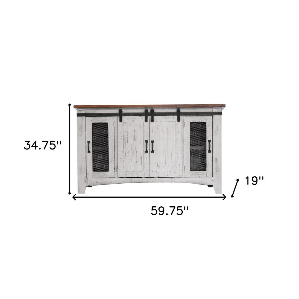 White Solid Wood Cabinet Enclosed Storage Distressed TV Stand