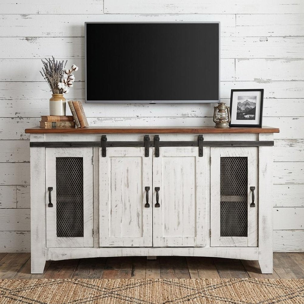 White Solid Wood Cabinet Enclosed Storage Distressed TV Stand