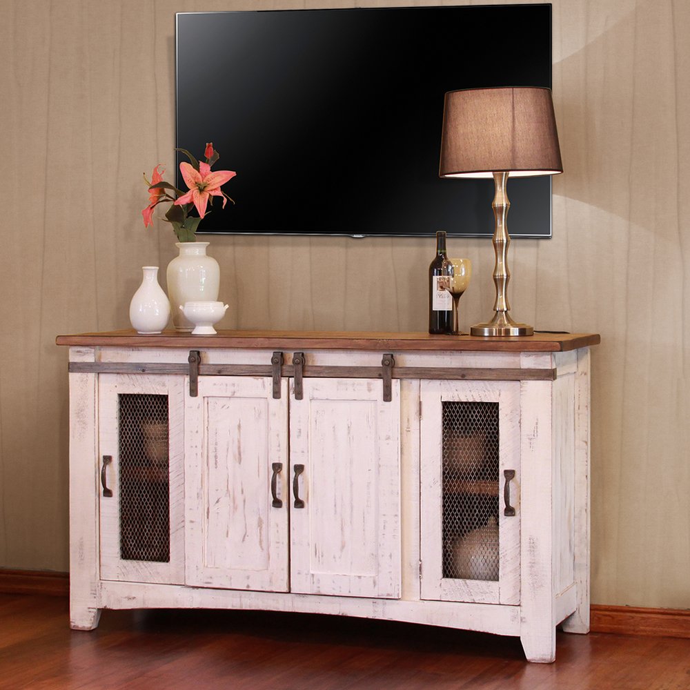 White Solid Wood Cabinet Enclosed Storage Distressed TV Stand
