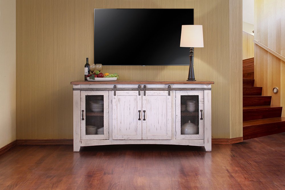 White Solid Wood Cabinet Enclosed Storage Distressed TV Stand