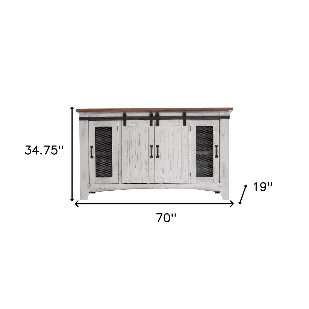 White Solid Wood Cabinet Enclosed Storage Distressed TV Stand