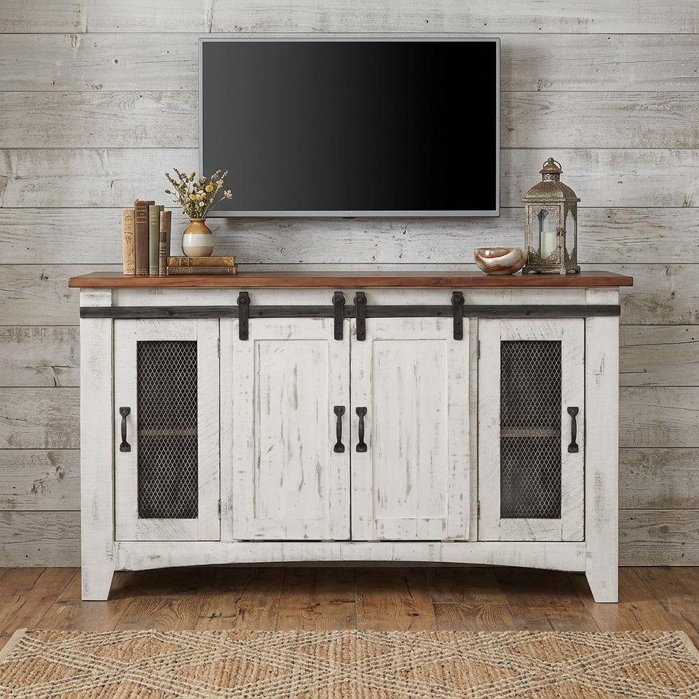White Solid Wood Cabinet Enclosed Storage Distressed TV Stand