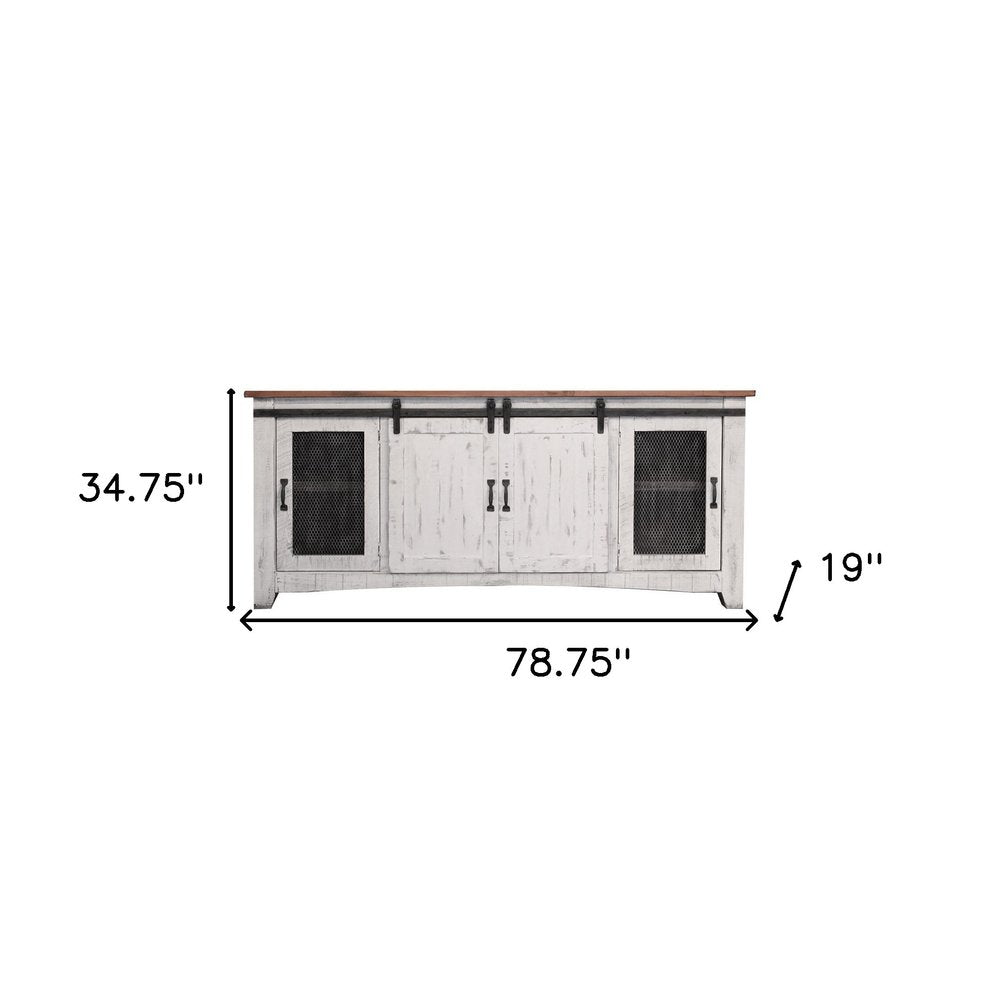 White Solid Wood Cabinet Enclosed Storage Distressed TV Stand