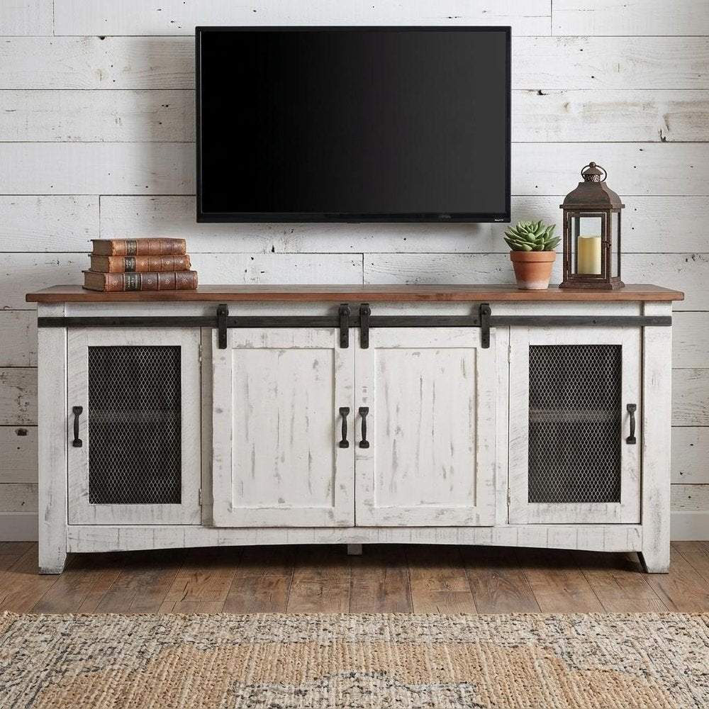 White Solid Wood Cabinet Enclosed Storage Distressed TV Stand
