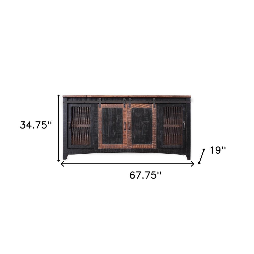Black Solid Wood Cabinet Enclosed Storage Distressed TV Stand