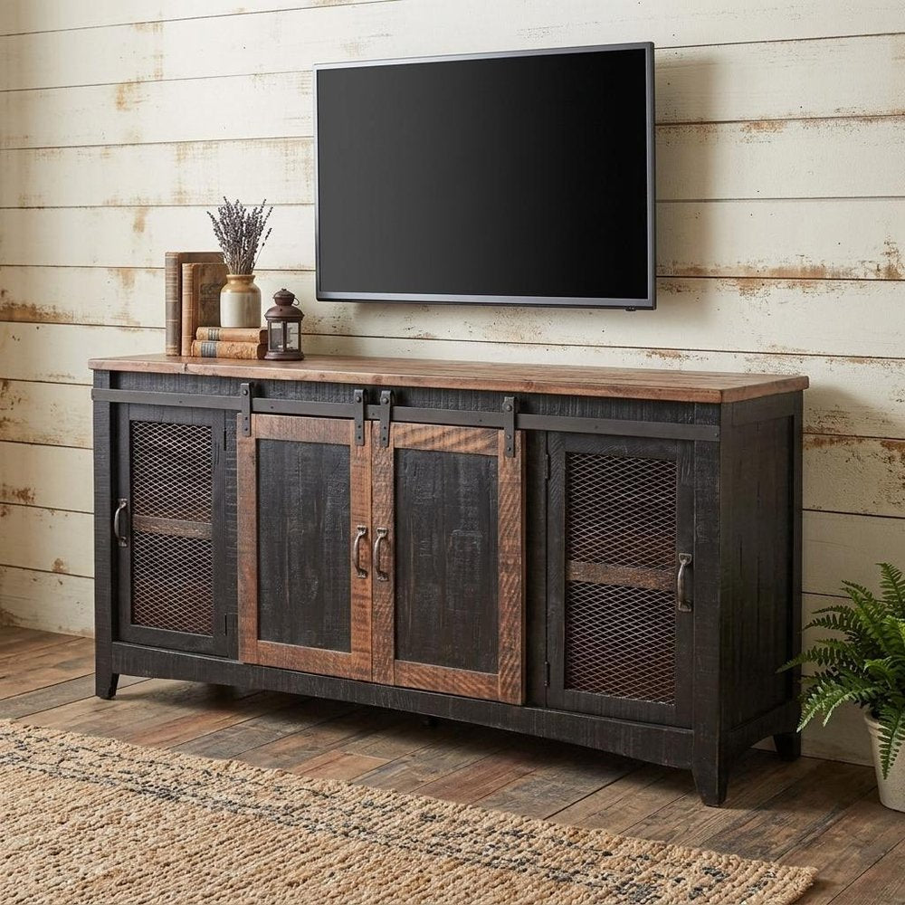 Black Solid Wood Cabinet Enclosed Storage Distressed TV Stand